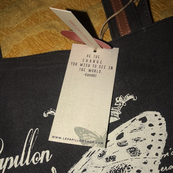 Le Papillon-Postcard vintage dark gray canvas/leather butterfly tote NWT LAST 1! - Picture 8 of 9